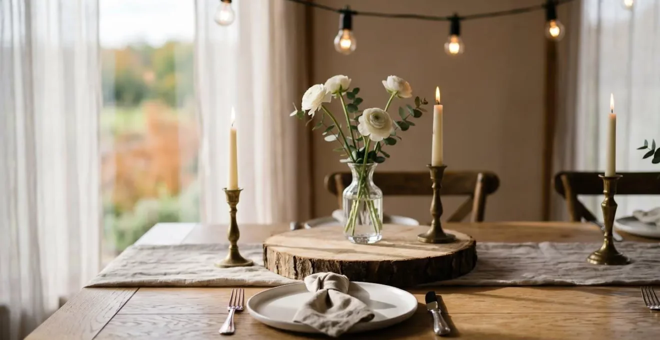 Table de mariage champêtre élégante avec deux matériaux phares bois et lin dans composition épurée et éclairage tamisé chaleureux