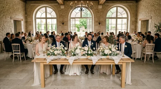 Table d'honneur de mariage élégante créant une atmosphère conviviale en France