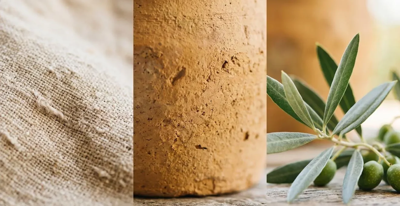 Composition évoquant l'ambiance d'un mariage provençal à travers trois matières naturelles disposées harmonieusement