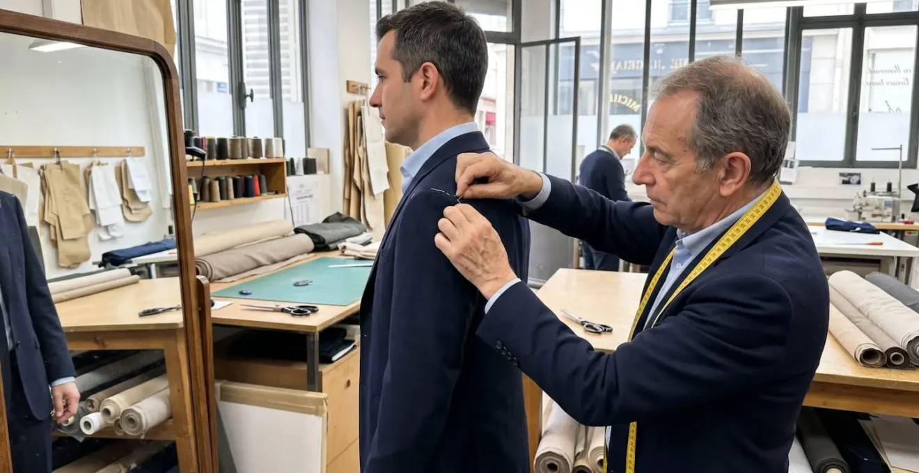 Mains d'un tailleur ajustant l'épaule d'une veste lors d'un essayage, le client vu de trois-quarts dos