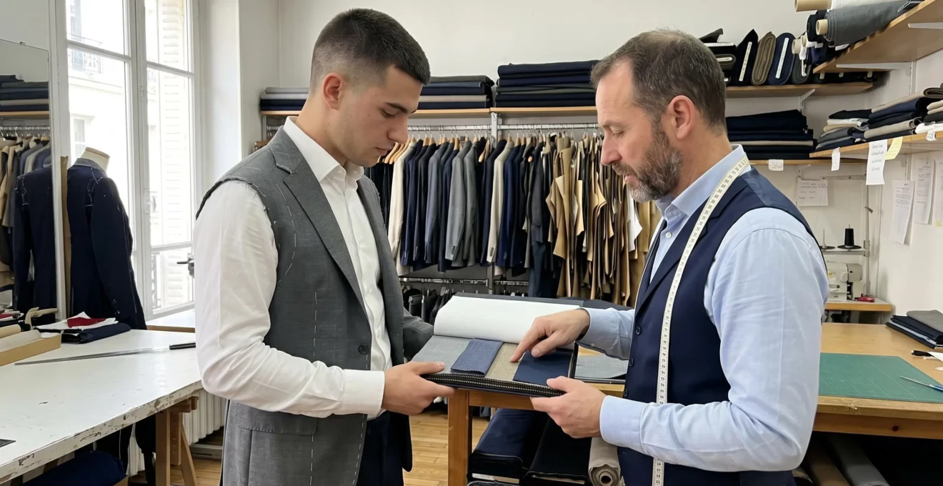 Un tailleur et un futur marié examinent des échantillons de tissus lors d'un essayage dans un atelier parisien