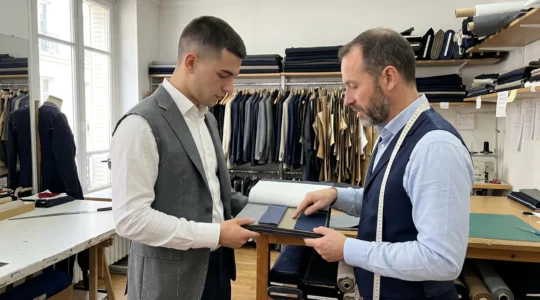 Un tailleur et un futur marié examinent des échantillons de tissus lors d'un essayage dans un atelier parisien